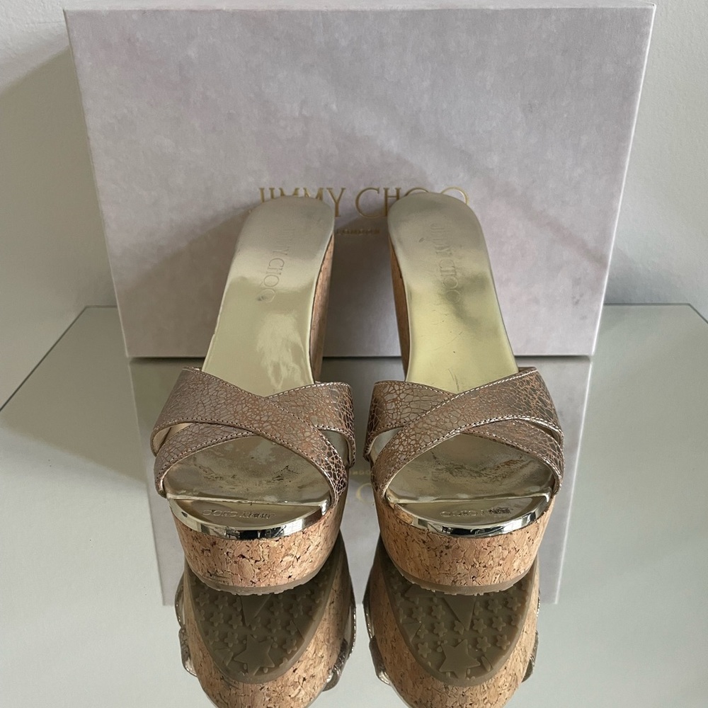 JIMMY CHOO PERFUME MIG METALLIC GOLD/NUDE SZ 35.5/5.5 good condition box/paper